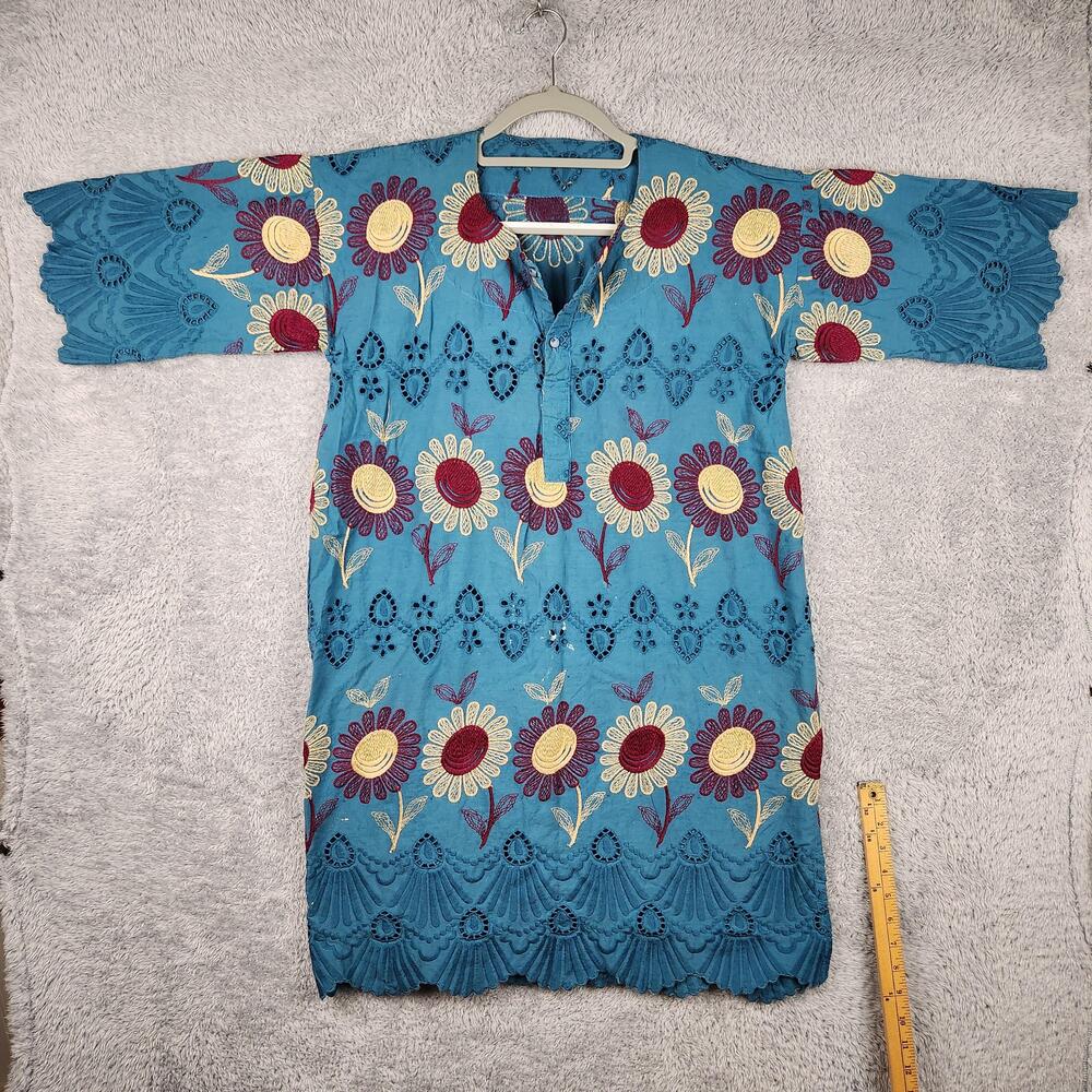 Vintage 80s Blouse Womens Medium Blue Embroidered Floral Henley Boho Tunic Top